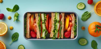 Lunch Box Filled With Sandwiches and Fruit photo