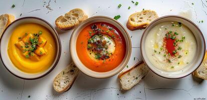 cuatro bochas de sopa arreglado en mesa foto