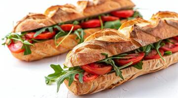 Two Sandwiches With Tomatoes and Arugula on White Background photo