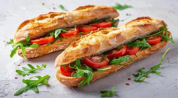 Two Sandwiches With Tomatoes and Arugula on White Background photo