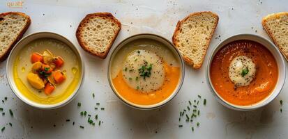 cuatro bochas de sopa arreglado en mesa foto