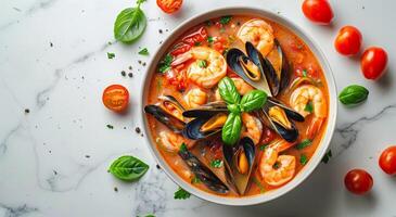 Bowl of Seafood Soup With Tomatoes and Basil photo