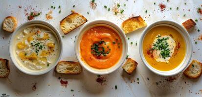 cuatro bochas de sopa arreglado en mesa foto