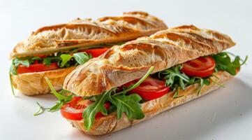 Two Sandwiches With Tomatoes and Arugula on White Background photo