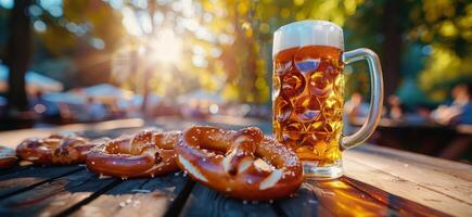 jarra de cerveza y rosquillas en mesa foto