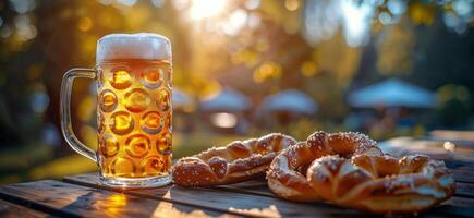 jarra de cerveza y rosquillas en mesa foto