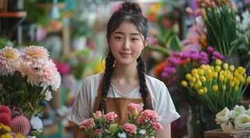 Woman Holding a Bunch of Flowers photo