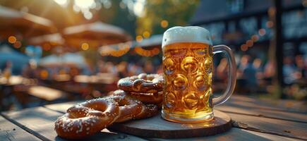 Mug of Beer and Donuts on Table photo