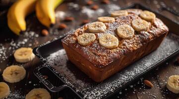 A Loaf of Banana Bread on a Black Plate photo