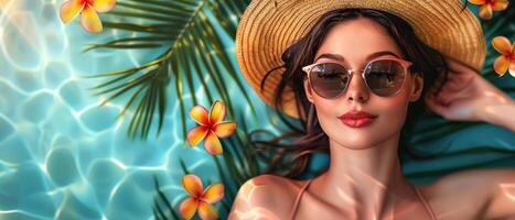 Woman Wearing Hat and Sunglasses by Pool photo