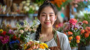 Woman Holding a Bunch of Flowers photo