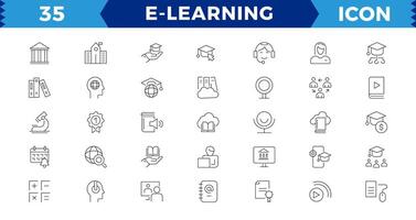 e-learning píxel Perfecto negro y blanco icono colocar. en línea educación elementos contorno icono colocar. inteligente aprendiendo. aprendizaje electrónico, aprendizaje electrónico, audio libro, zvideo cursos, graduación, educación plataforma ideas vector