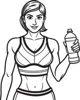 Fitness woman with bottle of water illustration black and white vector