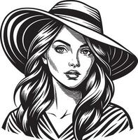 Cute girl with hat black and white illustration vector