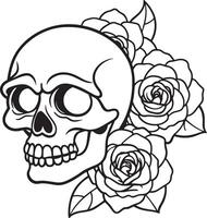 skull with rose flowers line art black and white illustration vector