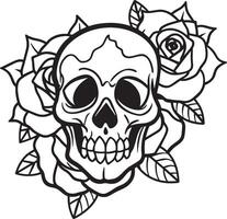 skull with rose flowers line art black and white illustration vector