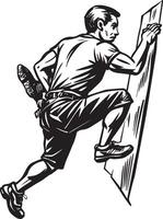 a man climbing a mountain in black and white illustration vector