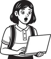 niño con ordenador portátil ilustración negro y blanco vector