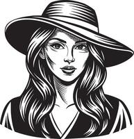 Cute girl with hat black and white illustration vector