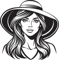 Cute girl with hat black and white illustration vector