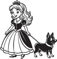 princess in a dress with dog illustration black and white vector