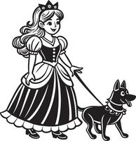 princess in a dress with dog illustration black and white vector