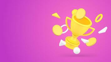 Financial success win achievement golden coin flying victory cup award 3d icon realistic vector