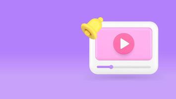 Multimedia content player new blog vlog subscription ring bell alert 3d icon realistic vector