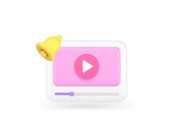 Multimedia content player new blog vlog subscription ring bell alert 3d icon realistic vector