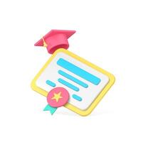 Graduation diploma certificate with medal and cap educational achievement 3d icon realistic vector