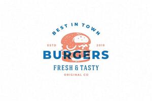 Engraving logo burger silhouette and modern vintage typography hand drawn style illustration. vector