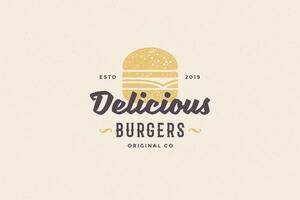 Hand drawn logo burger silhouette and modern vintage typography retro style illustration. vector