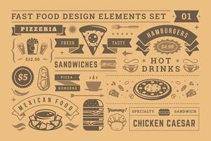Street and fast food signs and symbols with retro typographic design elements set for restaurant menu decoration. vector