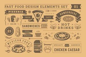 Street and fast food signs and symbols with retro typographic design elements set for restaurant menu decoration. vector