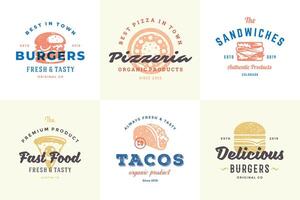 mano dibujado rápido comida logos y etiquetas con moderno Clásico tipografía retro estilo conjunto ilustración. vector