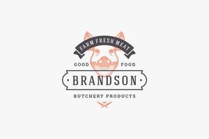 Hand drawn logo pig head silhouette and modern vintage typography retro style illustration. vector