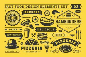 Street and fast food signs and symbols with retro typographic design elements set for restaurant menu decoration. vector