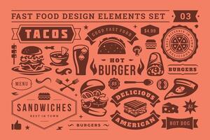 Fast food and street signs and symbols with retro typographic design elements set for restaurant menu decoration vector