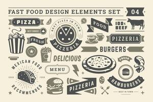 Fast food and street signs and symbols with retro typographic design elements set for restaurant menu decoration vector