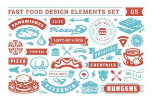 Fast food and street signs and symbols with retro typographic design elements set for restaurant menu decoration vector