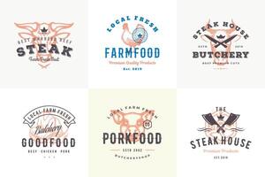 Hand drawn logos and labels farm animals with modern vintage typography hand drawn style set illustration vector