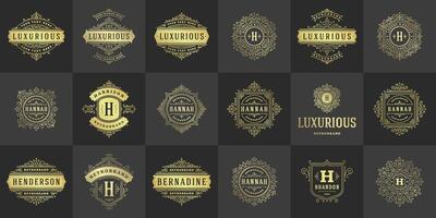 Vintage logos templates set, flourishes calligraphic elegant ornaments frames and borders vector