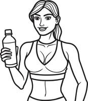 Fitness woman with bottle of water illustration black and white vector