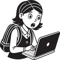 child with laptop illustration black and white vector