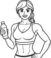 Fitness woman with bottle of water illustration black and white vector