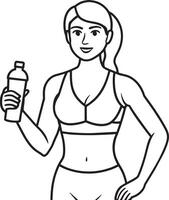 aptitud mujer con botella de agua ilustración negro y blanco vector