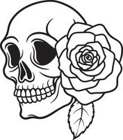 skull with rose flowers line art black and white illustration vector