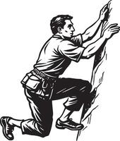 a man climbing a mountain in black and white illustration vector