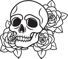 skull with rose flowers line art black and white illustration vector