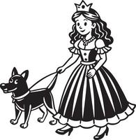 princess in a dress with dog illustration black and white vector